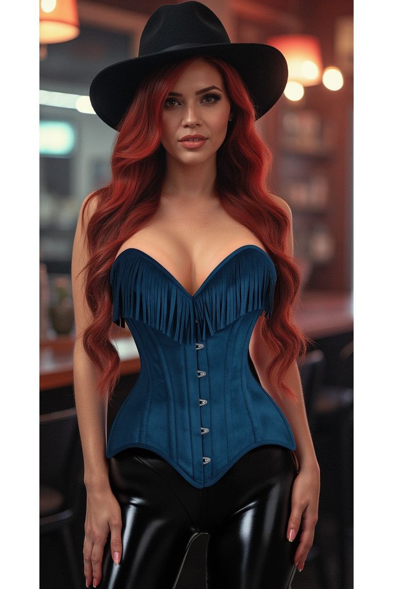 Daisy Corsets Top Drawer Blue Suede Steel Boned Overbust Corset w/Fringe