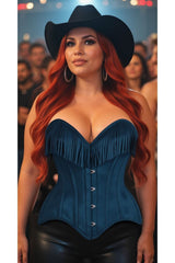 Daisy Corsets Top Drawer Blue Suede Steel Boned Overbust Corset w/Fringe