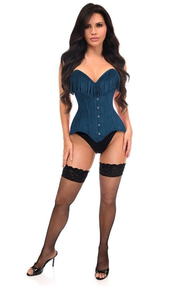Daisy Corsets Top Drawer Blue Suede Steel Boned Overbust Corset w/Fringe