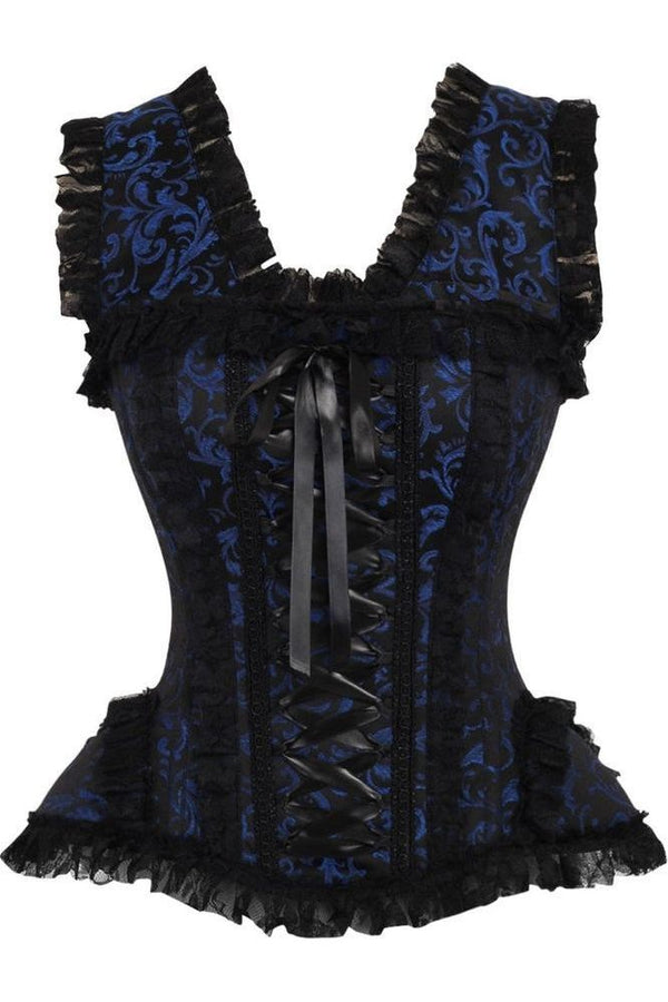 Daisy Corsets LIMITED EDITION Top Drawer Blue/Black Swirl Brocade & Lace Steel Boned Corset w/Cap Sleeves