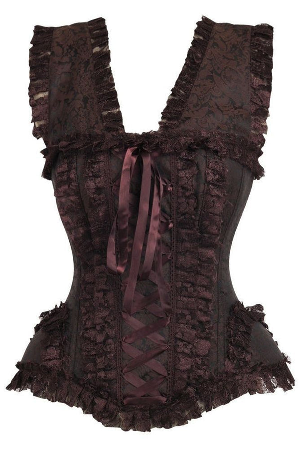Daisy Corsets LIMITED EDITION Top Drawer Brown Swirl Brocade & Lace Steel Boned Corset w/Cap Sleeves
