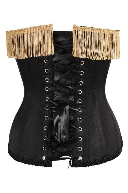 Top Drawer Burlesque Black/Dark Red Steel Boned Corset w/Gold Fringe - Daisy Corsets