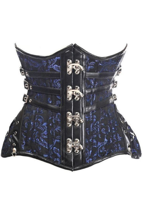 Daisy Corsets Top Drawer CURVY Steampunk Black/Blue Brocade Steel Double Boned Under Bust Corset
