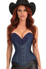 Top Drawer Dark Blue Denim Steel Boned Overbust Corset w/Fringe - Daisy Corsets