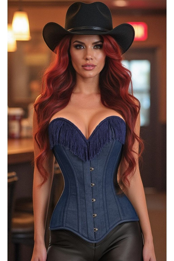 Daisy Corsets LIMITED EDITION Top Drawer Dark Blue Denim Steel Boned Overbust Corset w/Fringe