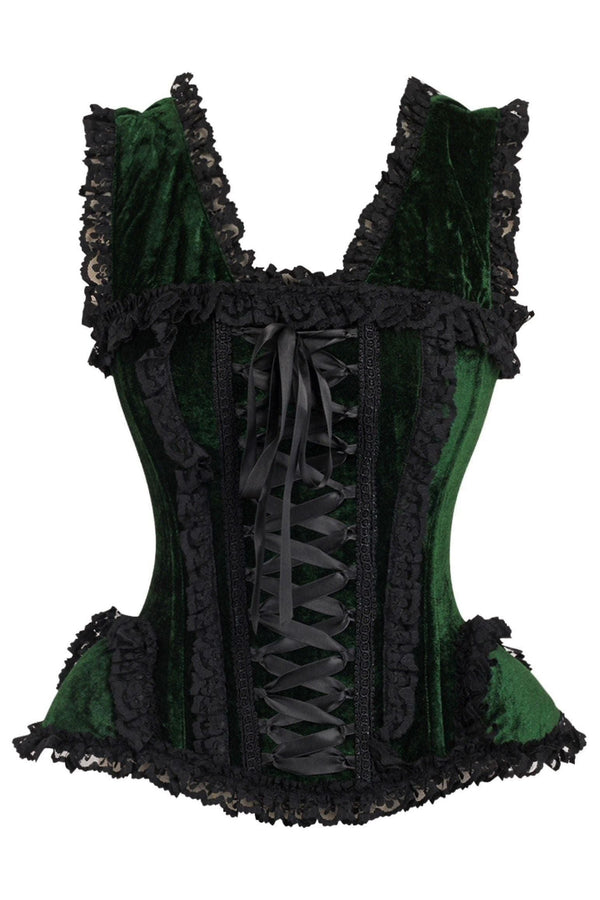 Daisy Corsets LIMITED EDITION Top Drawer Dark Green Velvet & Lace Steel Boned Corset w/Cap Sleeves