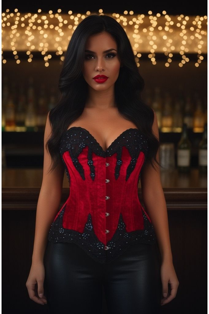 Daisy Corsets Top Drawer Dark Red Velvet & Beaded Steel Boned Overbust Corset