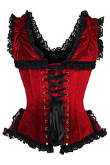 Daisy Corsets Top Drawer Dark Red Velvet & Lace Steel Boned Corset w/Cap Sleeves