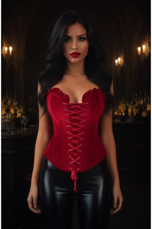 Daisy Corsets Top Drawer Dark Red Velvet Lace-Up Steel Boned Overbust Corset