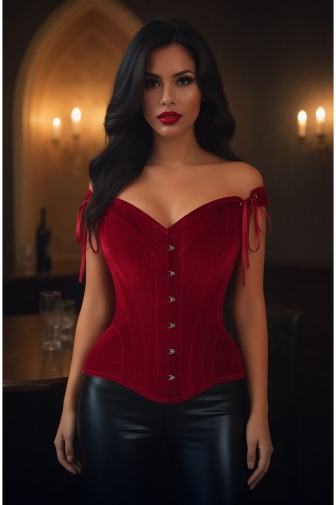 Daisy Corsets Top Drawer Dark Red Velvet Steel Boned Corset w/Straps