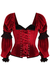Top Drawer Dark Red Velvet Steel Boned Long Sleeve Corset - Daisy Corsets