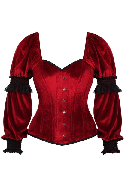 Top Drawer Dark Red Velvet Steel Boned Long Sleeve Corset - Daisy Corsets