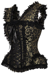 Top Drawer Gold/Black Swirl Brocade & Lace Steel Boned Corset w/Cap Sleeves
