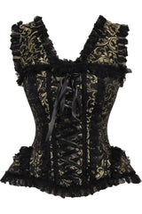 Top Drawer Gold/Black Swirl Brocade & Lace Steel Boned Corset w/Cap Sleeves
