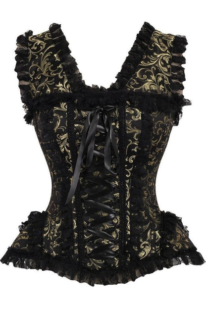 Top Drawer Gold/Black Swirl Brocade & Lace Steel Boned Corset w/Cap Sleeves