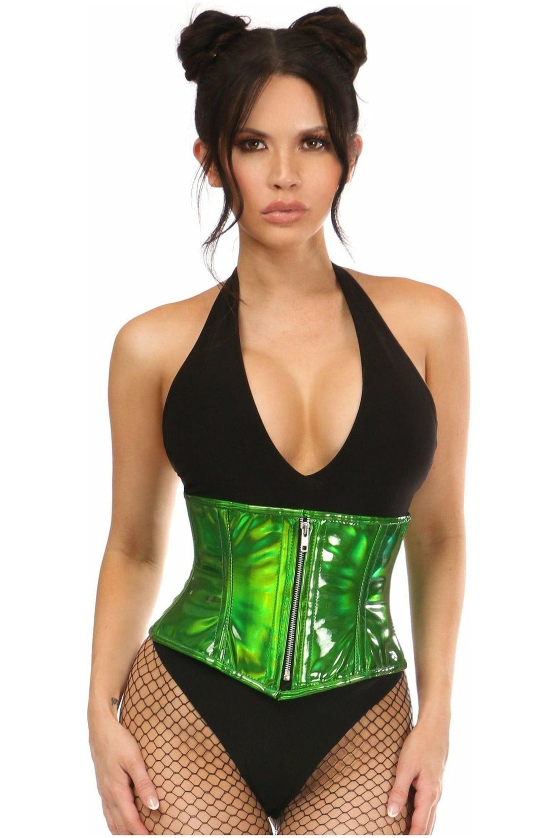 Daisy Corsets Top Drawer Green Holo Steel Boned Mini Cincher