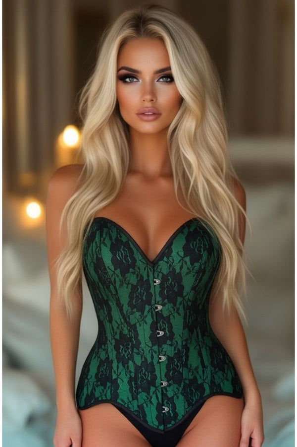 Daisy Corsets Top Drawer Green Satin w/Black Lace Overlay Steel Boned Overbust Corset