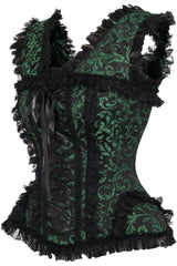 Top Drawer Green/Black Swirl Brocade & Lace Steel Boned Corset w/Cap Sleeves - Daisy Corsets