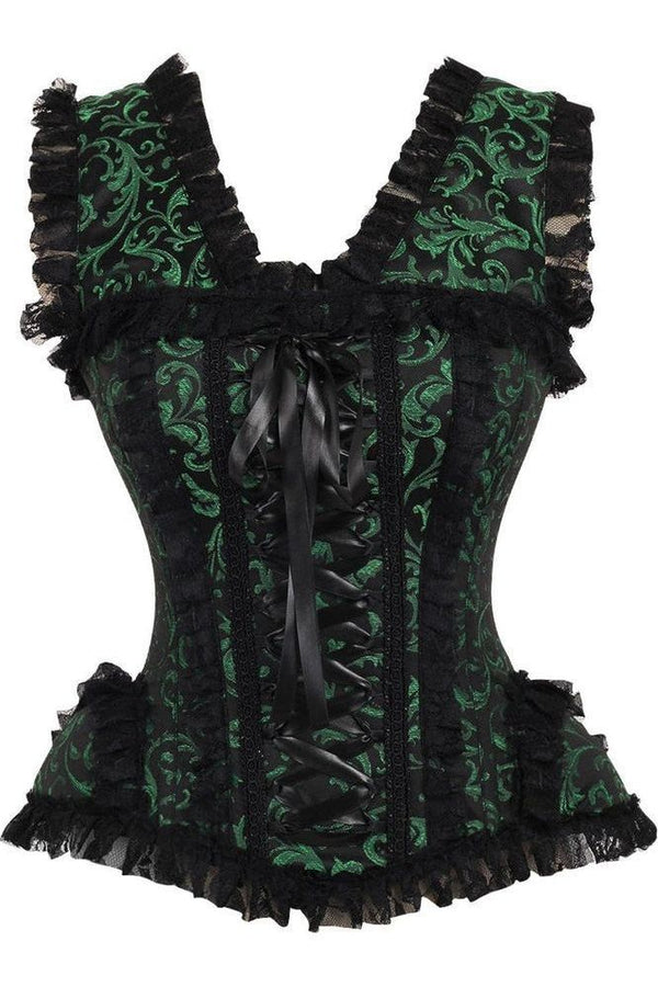 Daisy Corsets LIMITED EDITION Top Drawer Green/Black Swirl Brocade & Lace Steel Boned Corset w/Cap Sleeves