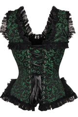Top Drawer Green/Black Swirl Brocade & Lace Steel Boned Corset w/Cap Sleeves - Daisy Corsets