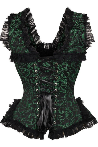 Top Drawer Green/Black Swirl Brocade & Lace Steel Boned Corset w/Cap Sleeves - Daisy Corsets