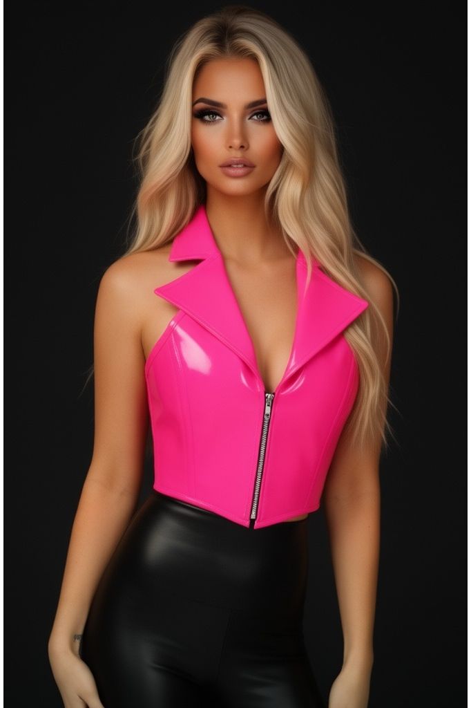 Daisy Corsets Top Drawer Hot Pink Patent Steel Boned Collared Bustier Top