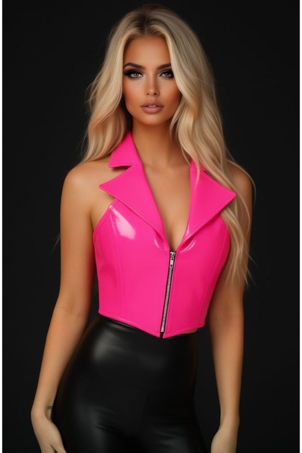 Daisy Corsets Top Drawer Hot Pink Patent Steel Boned Collared Bustier Top