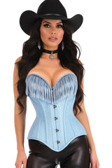Daisy Corsets Top Drawer Light Blue Denim Steel Boned Overbust Corset w/Fringe