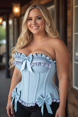 Daisy Corsets Top Drawer Light Blue Denim Underwire Steel Boned Burlesque Corset w/Bows
