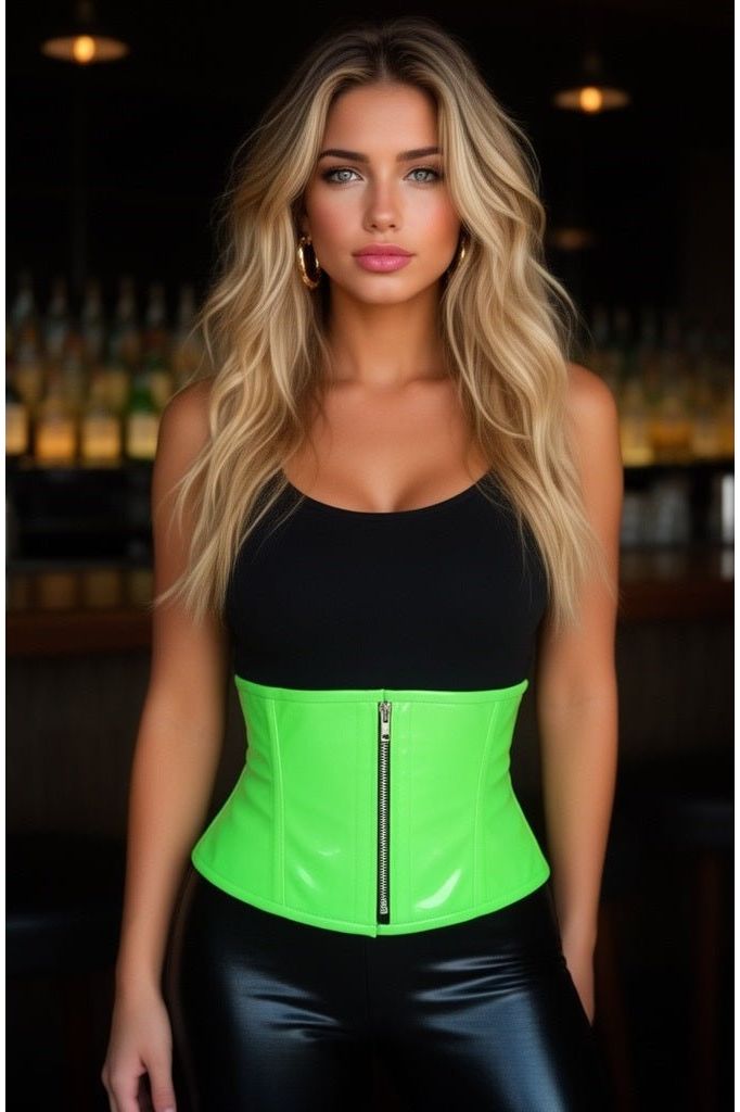 Daisy Corsets Top Drawer Neon Green Patent Steel Boned Mini Cincher