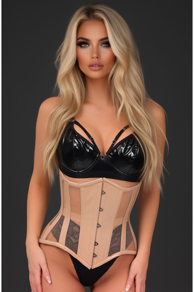 Daisy Corsets Top Drawer Nude Patent & Mesh Steel Boned Under Bust Corset