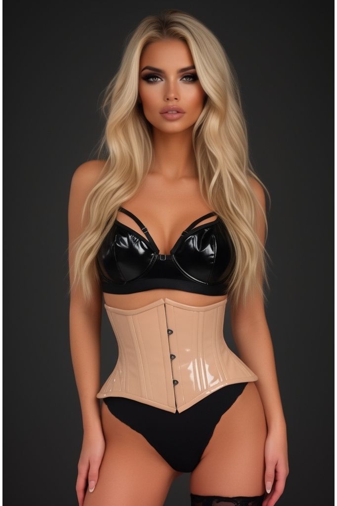 Daisy Corsets Top Drawer Nude Patent Steel Boned Mini Cincher Under Bust Corset