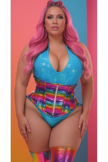 Top Drawer Rainbow Glitter Holo Steel Boned Mid Under Bust Corset - Daisy Corsets