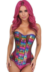 Top Drawer Rainbow Glitter PVC & Black Fishnet Steel Boned Over Bust Corset - Daisy Corsets