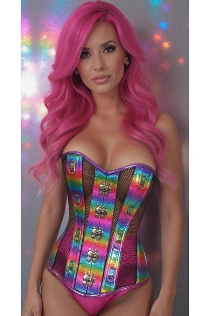 Top Drawer Rainbow Glitter PVC & Black Fishnet Steel Boned Over Bust Corset - Daisy Corsets