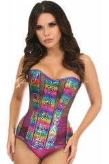 Top Drawer Rainbow Glitter PVC & Black Fishnet Steel Boned Over Bust Corset - Daisy Corsets