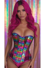 Top Drawer Rainbow Glitter PVC & Black Fishnet Steel Boned Over Bust Corset - Daisy Corsets