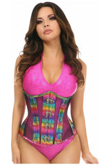 Top Drawer Rainbow Glitter PVC & Black Fishnet Steel Boned Under Bust Corset - Daisy Corsets
