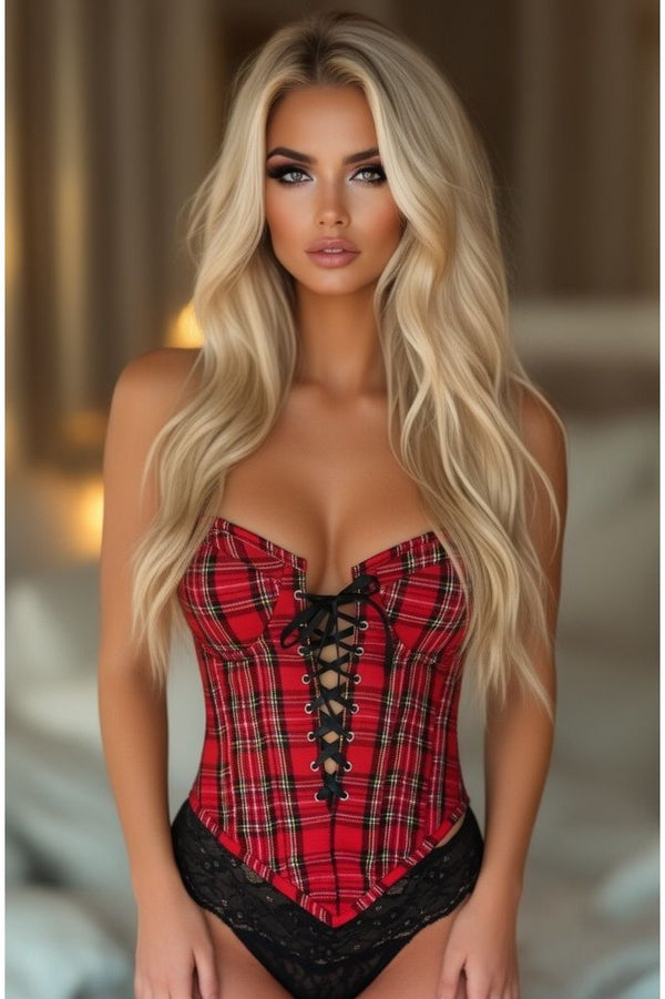 Daisy Corsets Top Drawer Red Plaid Steel Boned Lace-Up Bustier