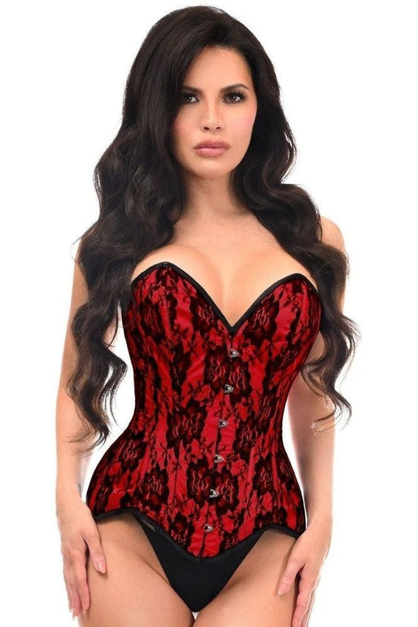 Daisy Corsets Top Drawer Red Satin w/Black Lace Overlay Steel Boned Overbust Corset