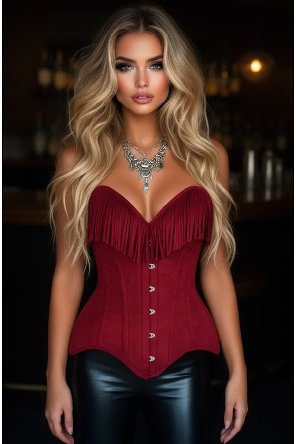Daisy Corsets LIMITED EDITION Top Drawer Red Suede Steel Boned Overbust Corset w/Fringe