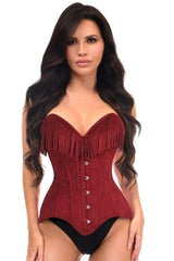 Daisy Corsets Top Drawer Red Suede Steel Boned Overbust Corset w/Fringe