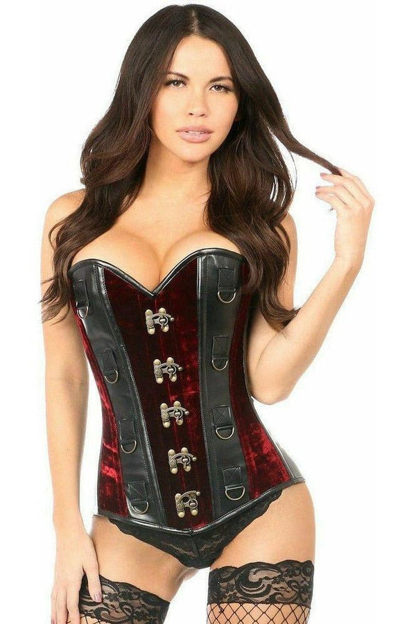 Daisy Corsets Top Drawer Red Velvet & Faux Leather Steel Boned Corset