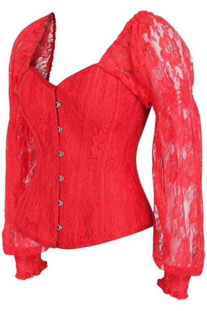Top Drawer Red w/Red Lace Steel Boned Long Sleeve Corset - Daisy Corsets