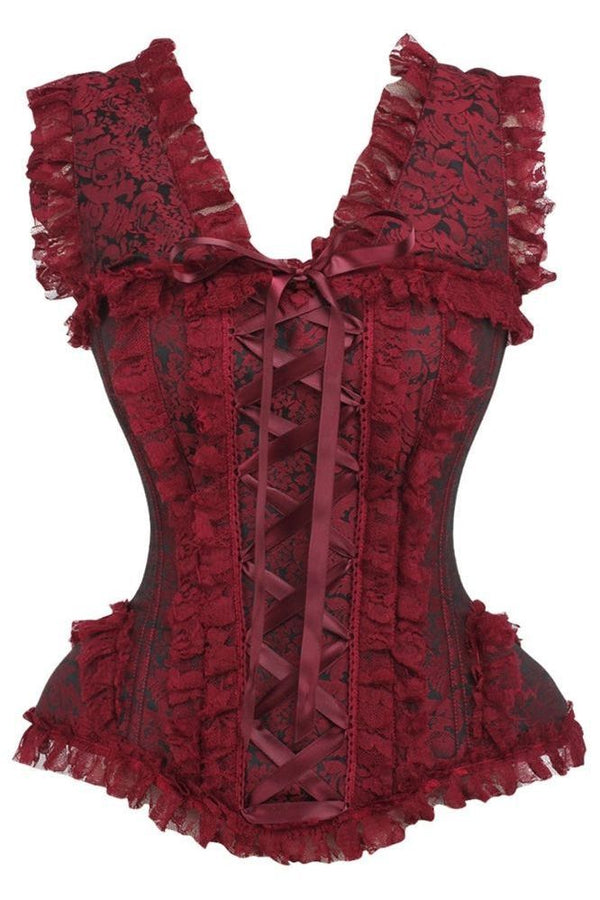Daisy Corsets LIMITED EDITION Top Drawer Red/Black Brocade & Lace Steel Boned Corset w/Cap Sleeves