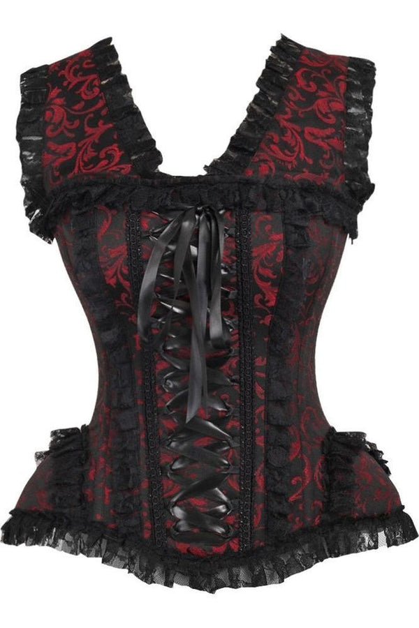Daisy Corsets LIMITED EDITION Top Drawer Red/Black Swirl Brocade & Lace Steel Boned Corset w/Cap Sleeves