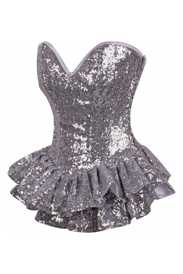Daisy Corsets Top Drawer Silver Sequin Steel Boned Mini Corset Dress