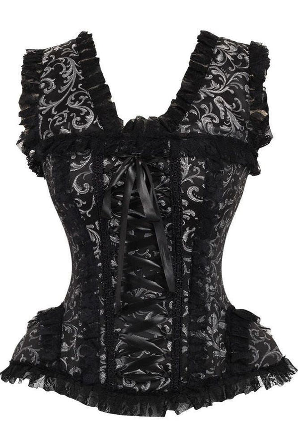 Daisy Corsets LIMITED EDITION Top Drawer Silver/Black Swirl Brocade & Lace Steel Boned Corset w/Cap Sleeves