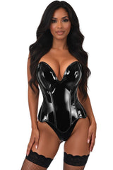 Top Drawer Steel Boned Black Patent Plunge Neckline Overbust Corset - Daisy Corsets