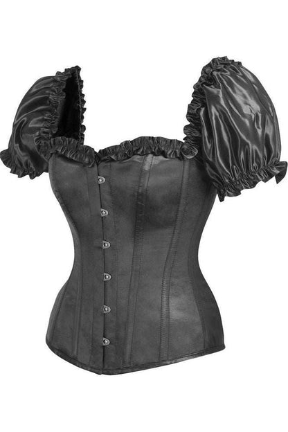 Top Drawer Steel Boned Black Satin Overbust Corset w/Sleeves - Daisy Corsets